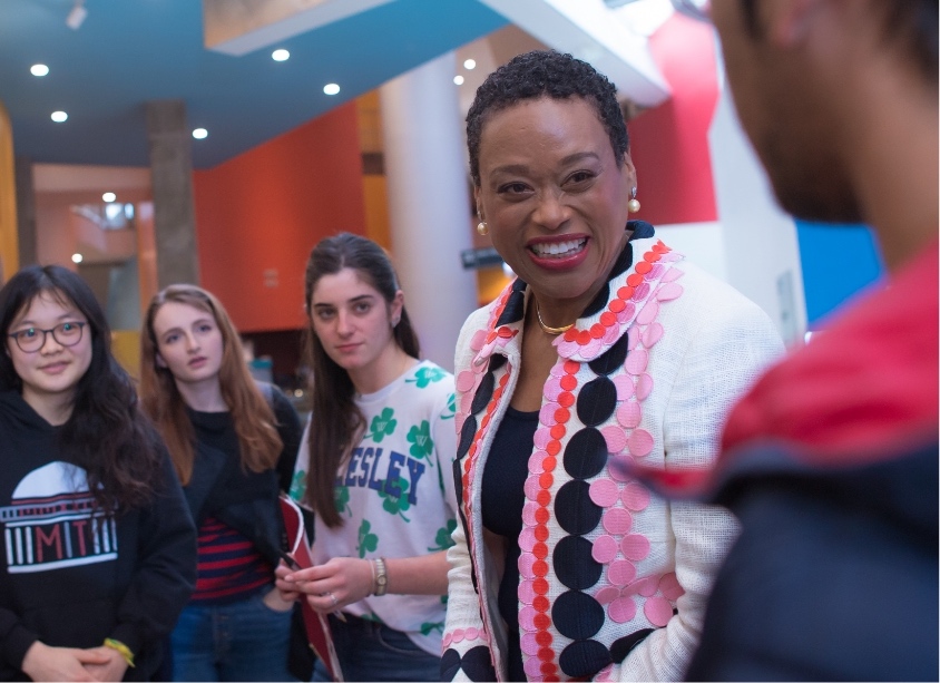 MIT Chancellor Nobles (second from right) chats with students.