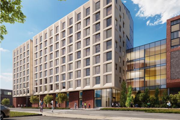 Graduate Junction is split between two buildings framing a gateway to Fort Washington Park and the Cambridgeport neighborhood.