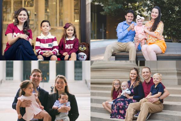 Clockwise from top left: Diana Grass and her two children, Fabio Castro with his wife and daughter, Matthew Webb with his wife and children, and Elizabeth Doherty with her husband and children.